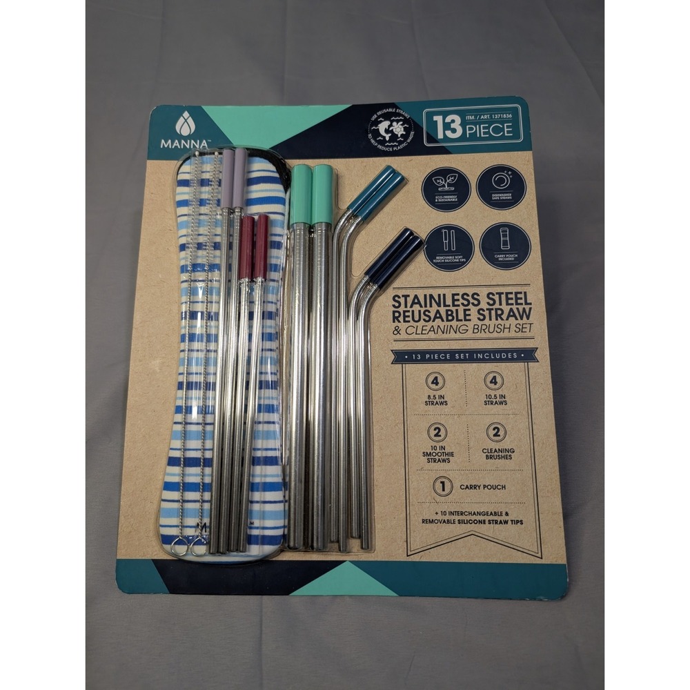 Manna Stainless Steel Resuable Straws & Cleaning Brush Set‎ 13 Piece Set